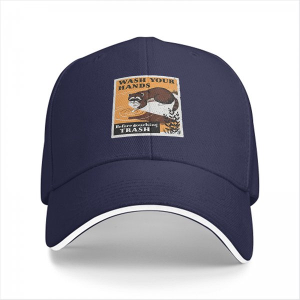 Black baseball cap with raccoon 'Wash Your Hands Before Touching Trash' print