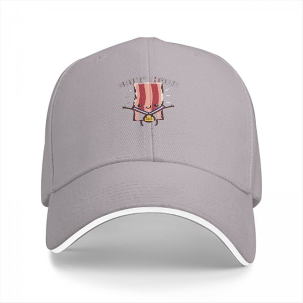 Black baseball cap with a cartoon bacon character wearing a first place medal