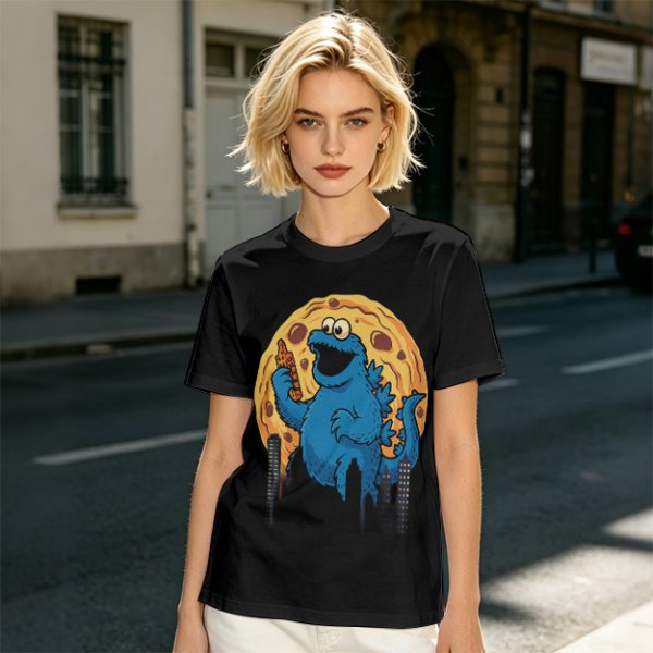 Olive T-Shirt Featuring Giant Cookie Monster Holding Cookie Against Moon