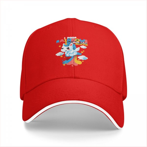 Black baseball cap with playful unicorn rainbow poop graphic
