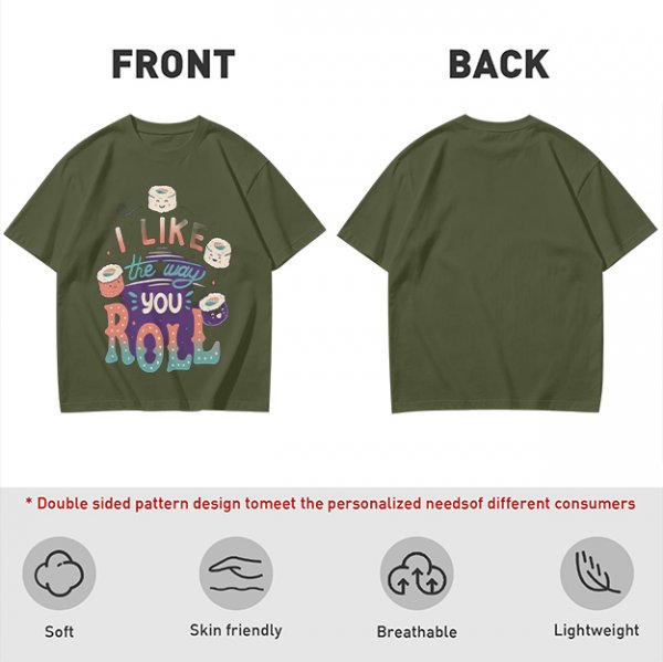 Olive T-Shirt With Cute Sushi Graphic and 'I Like The Way You Roll' Text