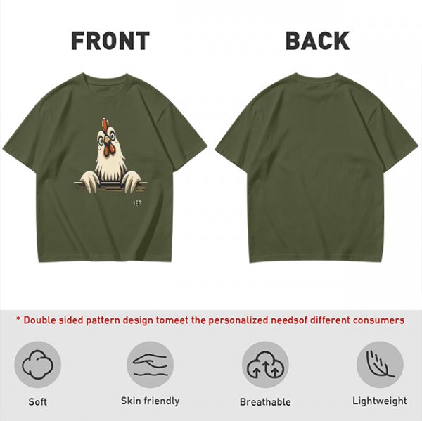 Olive T-Shirt With Surprised Peeking Chicken Graphic And Me? Text