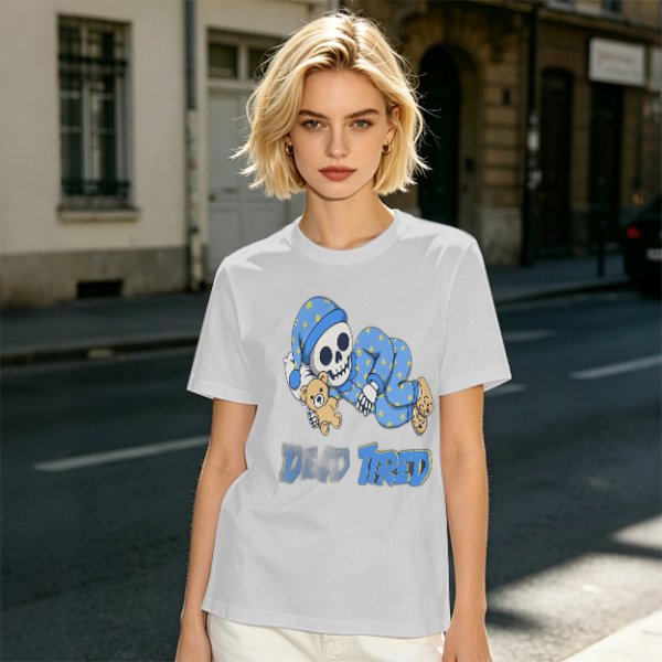 Olive T-Shirt with Sleeping Skeleton in Pajamas 'Dead Tired' Print