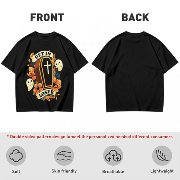 Olive Halloween T-Shirt with Get In Loser Coffin Ghost Floral Art