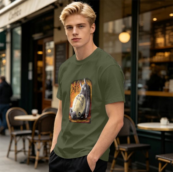 Olive green t-shirt with Totoro 'Spirits' graphic print