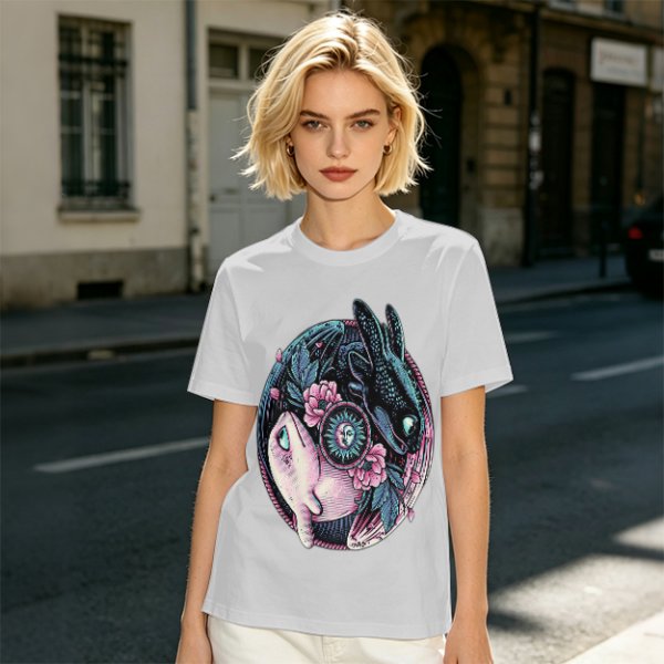 Olive T-Shirt with Yin Yang Dragon Floral Sun Moon Art