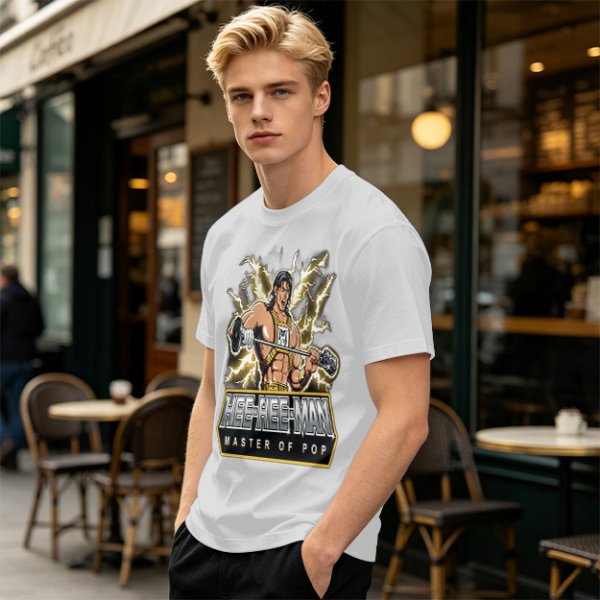 Olive T-shirt with Hee-Hee-Man Master of Pop Lifting Barbell Graphic