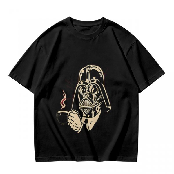 Olive T-shirt with Darth Vader holding a steaming coffee cup