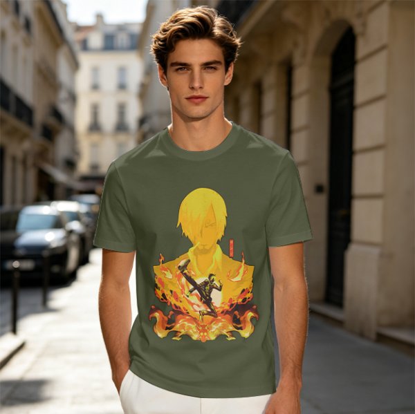 One Piece Sanji Fire Kick Graphic Olive T-Shirt