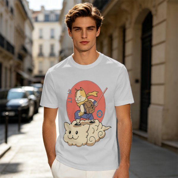 Olive T-shirt with a cat warrior riding a flying cloud graphic