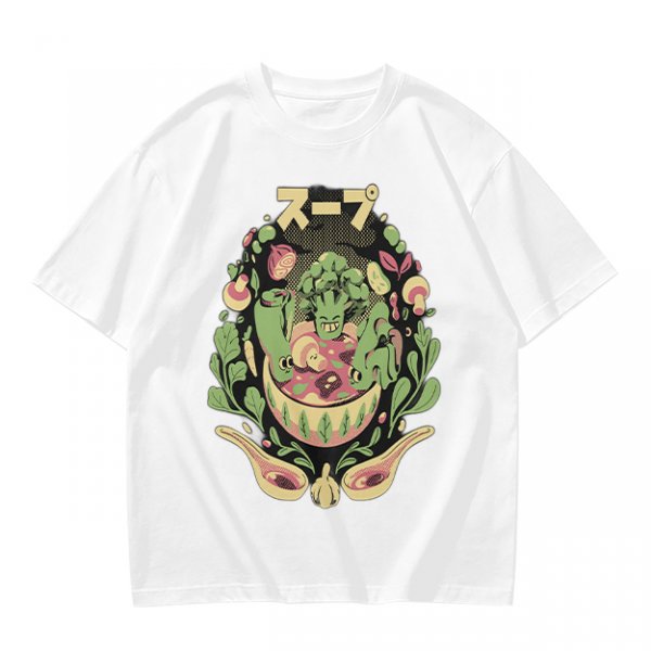 Olive green t-shirt with playful vegetable soup graphic print