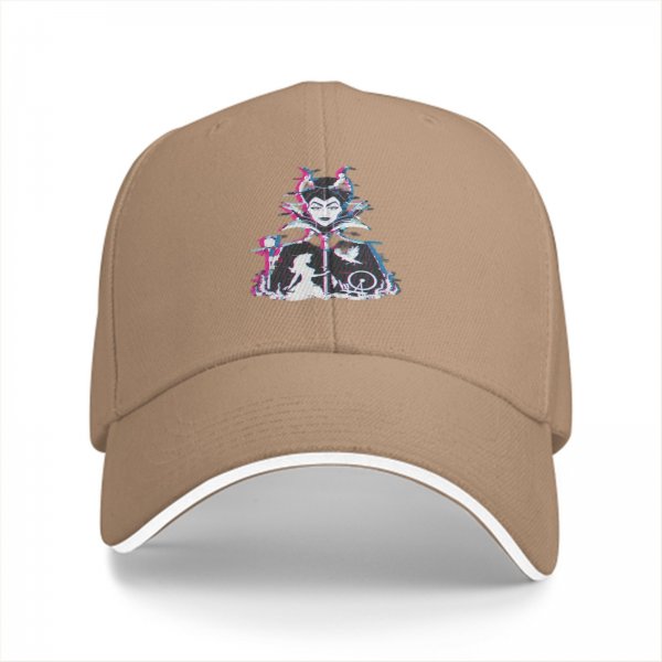 Black baseball cap with glitch-style Maleficent graphic print
