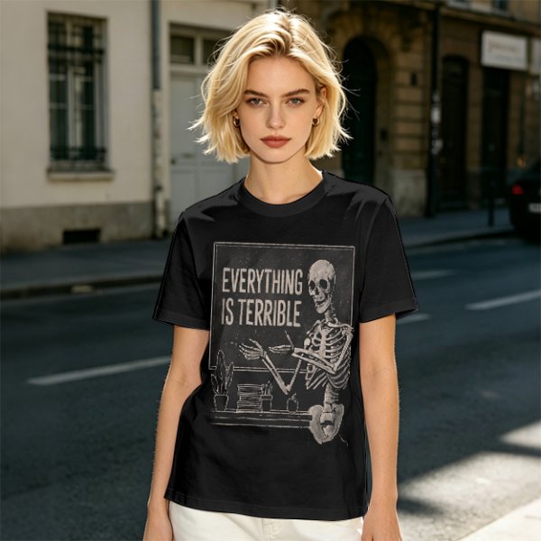 Olive t-shirt with skeleton teacher and 'Everything Is Terrible' print