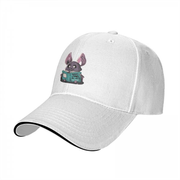 Black baseball cap with cute bat reading scary stories book print