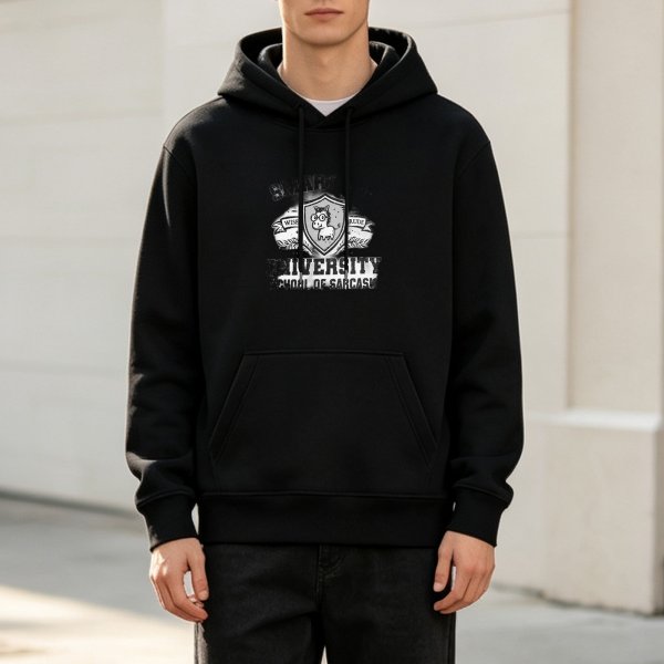 Black hoodie with sarcasm university graphic print