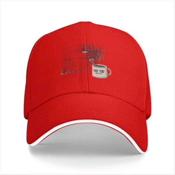 Black baseball cap with grumpy coffee cup graphic design