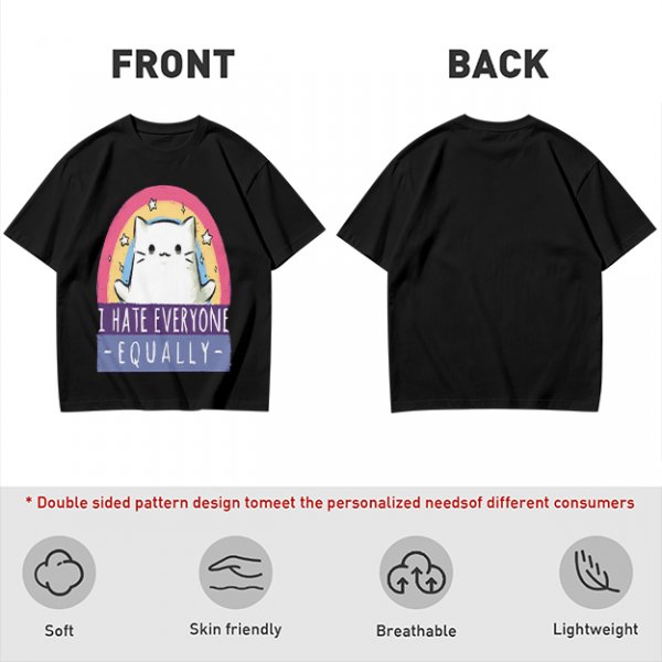 Olive graphic t-shirt with a white cat and 'I hate everyone equally' print