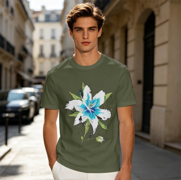 Olive Green T-Shirt with Watercolor Blue Lily Flower Print