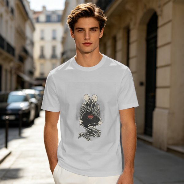 Olive T-Shirt With Skeleton Couple Embracing Red Heart Print