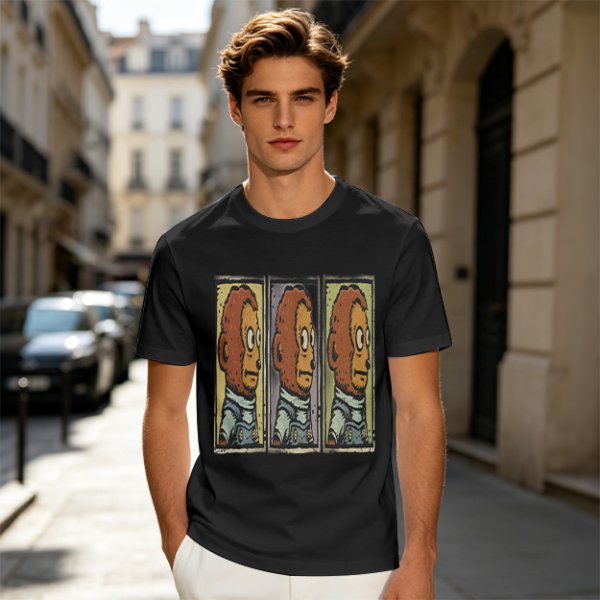 Olive Green T-Shirt With Three Panel Cartoon Monkey Head Print