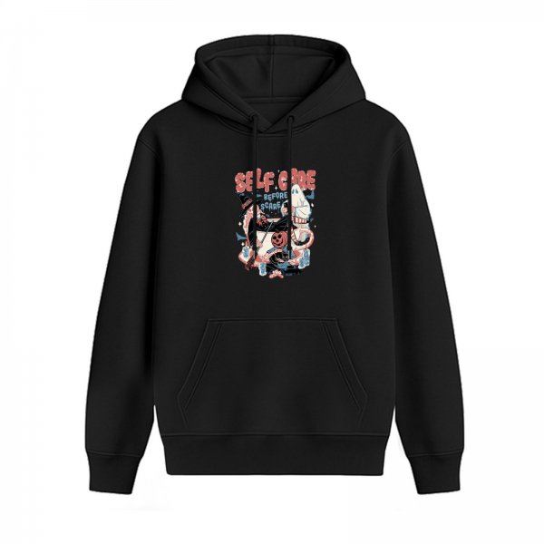 Black hoodie with 'Self Care Before Scare' Halloween graphic print