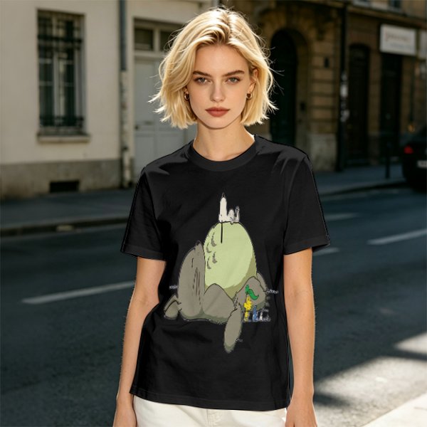 Olive T-shirt with whimsical forest spirit and small animal graphic print