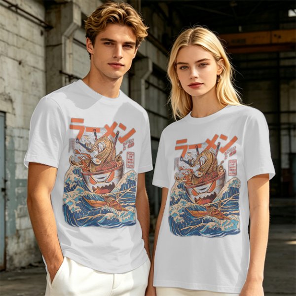 Olive T-Shirt With Great Wave Inspired Monster Ramen Bowl Art