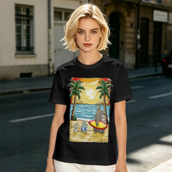 Olive T-Shirt with Beach Scene Print Featuring Totoro and Friends
