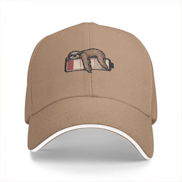 Black baseball cap with a sleepy sloth on low battery icon print