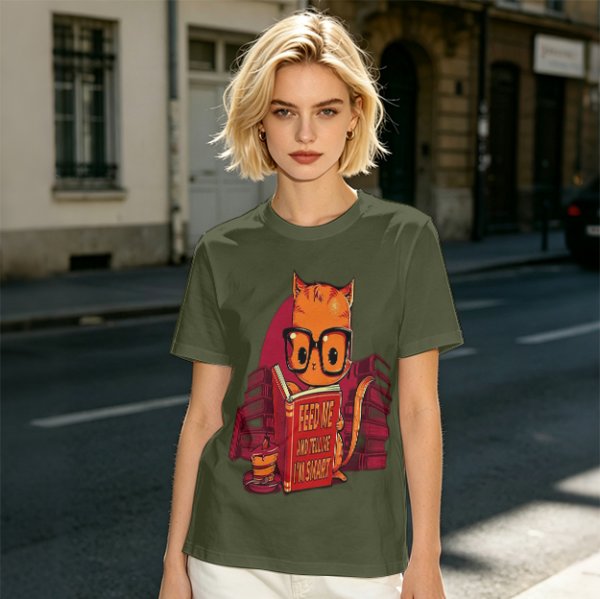 Olive T-Shirt With Nerdy Ginger Cat Reading Book Print