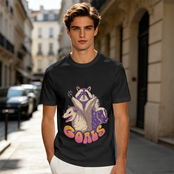 Olive Graphic T-Shirt With Raccoon Opossum Skunk 'GOALS' Print
