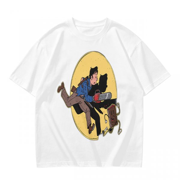 Olive T-shirt with Cartoon Chainsaw Action Character Print