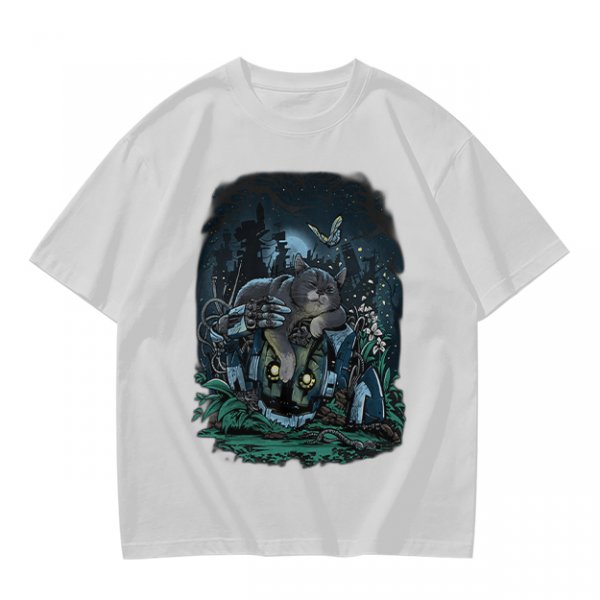 Olive Green T-Shirt With Night Graveyard Cat Illustration