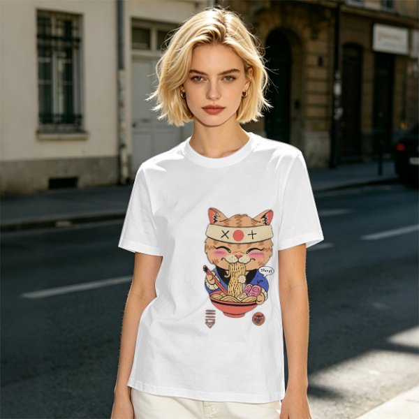 Olive green t-shirt with a cute cat eating ramen graphic