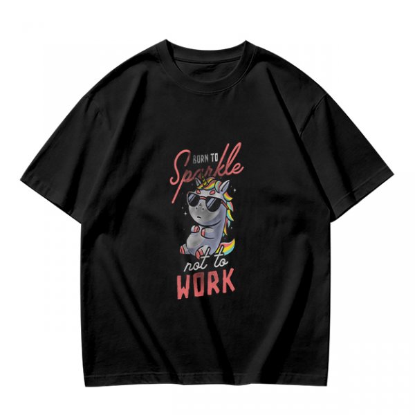 Olive t-shirt with cool unicorn graphic and 'Born to Sparkle not to Work' text