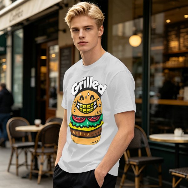Olive T-Shirt with Smiling Grilled Burger Graphic