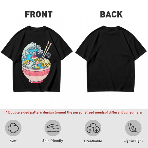 Olive T-shirt with Great Wave Ramen Bowl Graphic Design