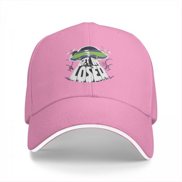 Black baseball cap with UFO and 'Get In Loser' graphic design