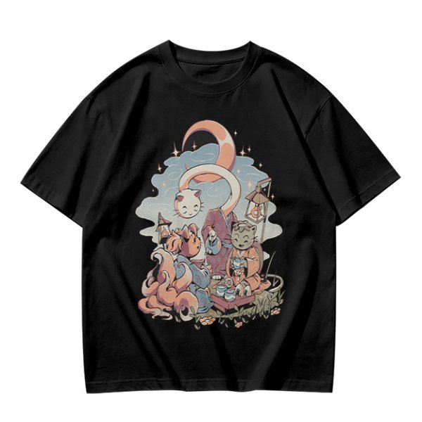 Olive T-Shirt With Whimsical Cat Crescent Moon Artwork