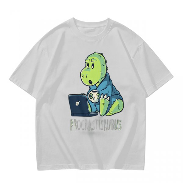 Olive t-shirt with a cartoon dinosaur working on laptop holding coffee