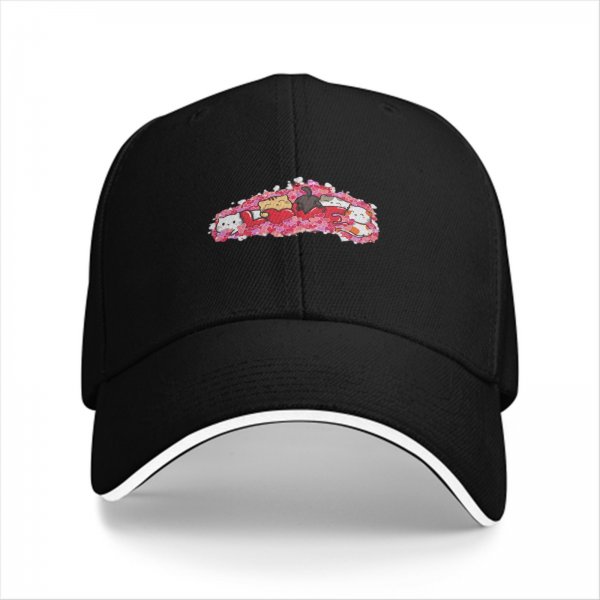 Black baseball cap with cute cat and pink floral graphic