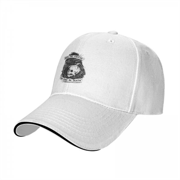 Black baseball cap with 'Give Me Coffee Or Give Me Death' skull graphic