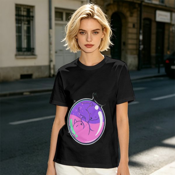 Olive T-shirt with Sleeping Cats in Colorful Bubble Graphic