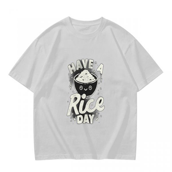 Olive t-shirt with 'Have a Rice Day' and cute rice bowl graphic