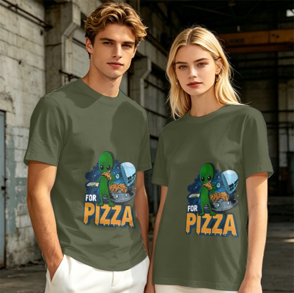 Olive Green T-Shirt with Alien Eating Pizza UFO Graphic