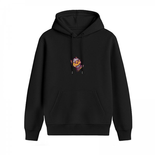 Black hoodie with small cartoon cat graphic on chest