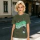 Olive green graphic t-shirt with 'Scandalacious' print and witch hat design