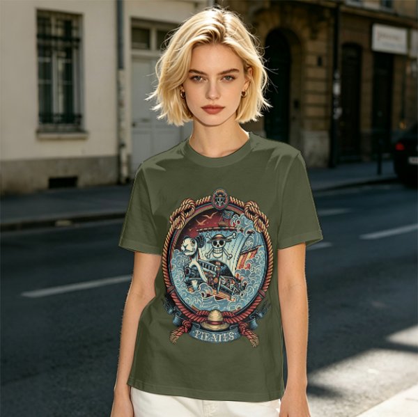 Olive Green Pirate Themed T-Shirt with Ship and Skull Graphic