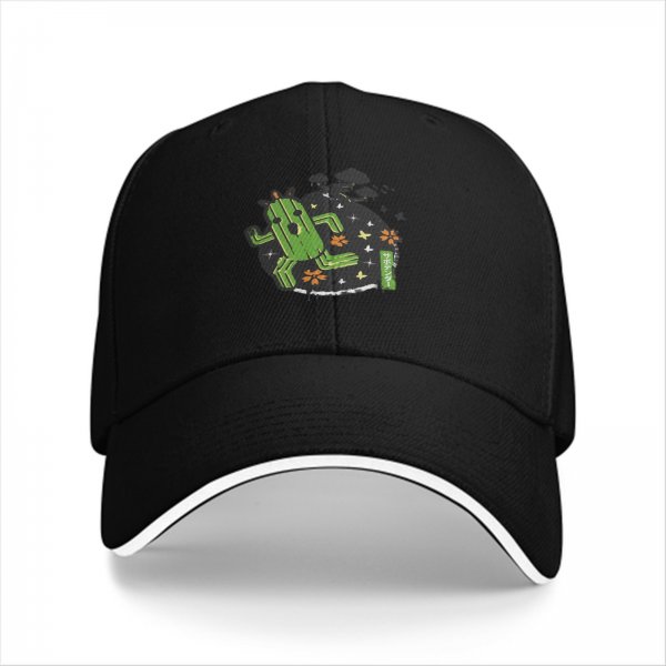 Black baseball cap with running cactus graphic design