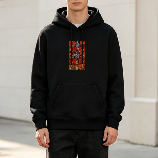 Black hoodie with Stranger Things character grid graphic print